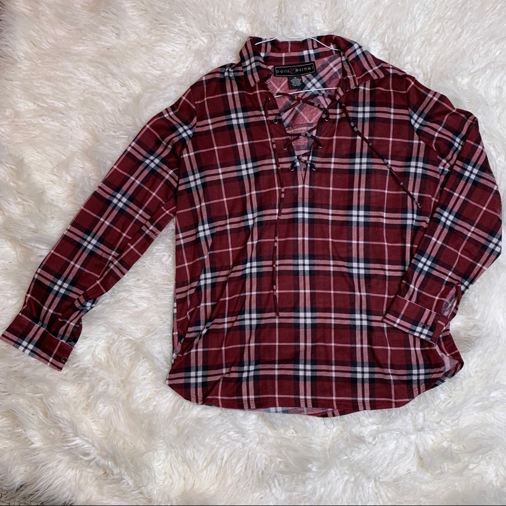 Burgundy Plaid Lace Up Top 1X